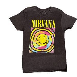 Nirvana Smiley Face 90’s Music Band Tie Dye Logo Graphic Tee Grey T-shirt, XS